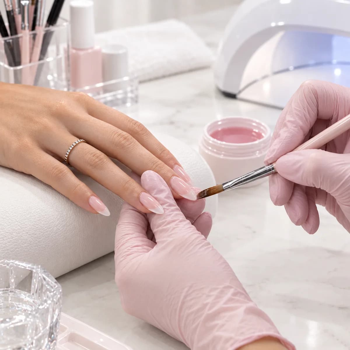 Alumna de la academia realizando una manicura a una modelo